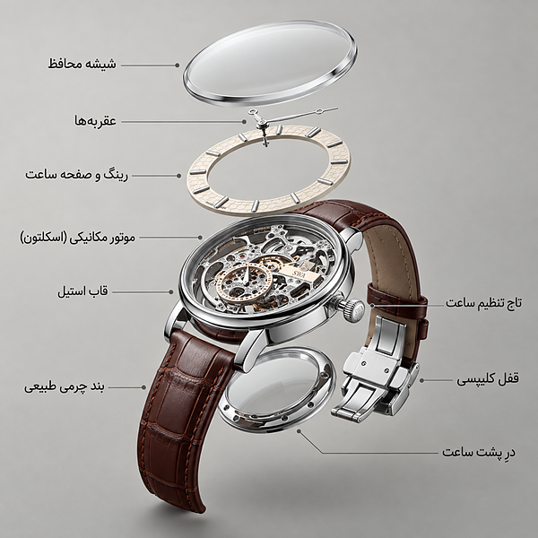اجزای ساعت مچی مردانه اتوماتیک سوئیس‌آرت مدل ANT155 با موتور اسکلتون و بند چرم قهوه‌ای در آنته‌و کالکشن