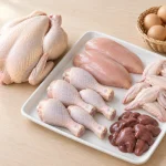 مرغ کامل تازه و قطعات مرغ شامل سینه، ران و فیله در کنار تخم‌مرغ، تصویری برای گزارش قیمت مرغ