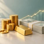 تصویرسازی سکههای طلا، شمش و اسکناس کنار نمودار صعودی قیمت دلار و طلا