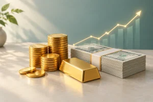 تصویرسازی سکههای طلا، شمش و اسکناس کنار نمودار صعودی قیمت دلار و طلا