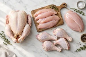 قطعات تازه مرغ از فیله و سینه تا ران در نمای بالا؛ تصویری برای گزارش قیمت مرغ امروز