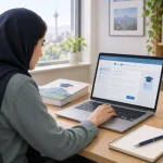 داوطلب جوان در حال ثبت‌نام آزمون دکتری ۱۴۰۶ روی لپ‌تاپ، با دفترچه راهنما و کارت اعتباری روی میز
